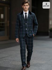 Teen Boy Plaid Button Long Sleeve Jacket And Pants Suit Set For Performance, Wedding, Graduation Ceremony - Dark Green - View 3