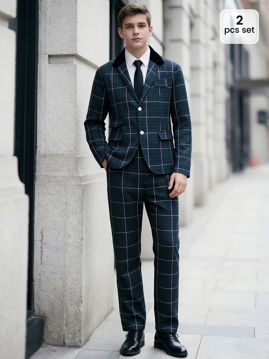 Teen Boy Plaid Button Long Sleeve Jacket And Pants Suit Set For Performance, Wedding, Graduation Ceremony - Dark Green - View 1