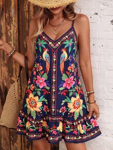 SHEIN Swim 女款可調肩帶波希米亞風粉色花卉印花拼接不對稱荷葉邊下擺沙灘罩衫洋裝，夏季度假休閒細肩帶套裝 - 藏蓝色 - 查看 7
