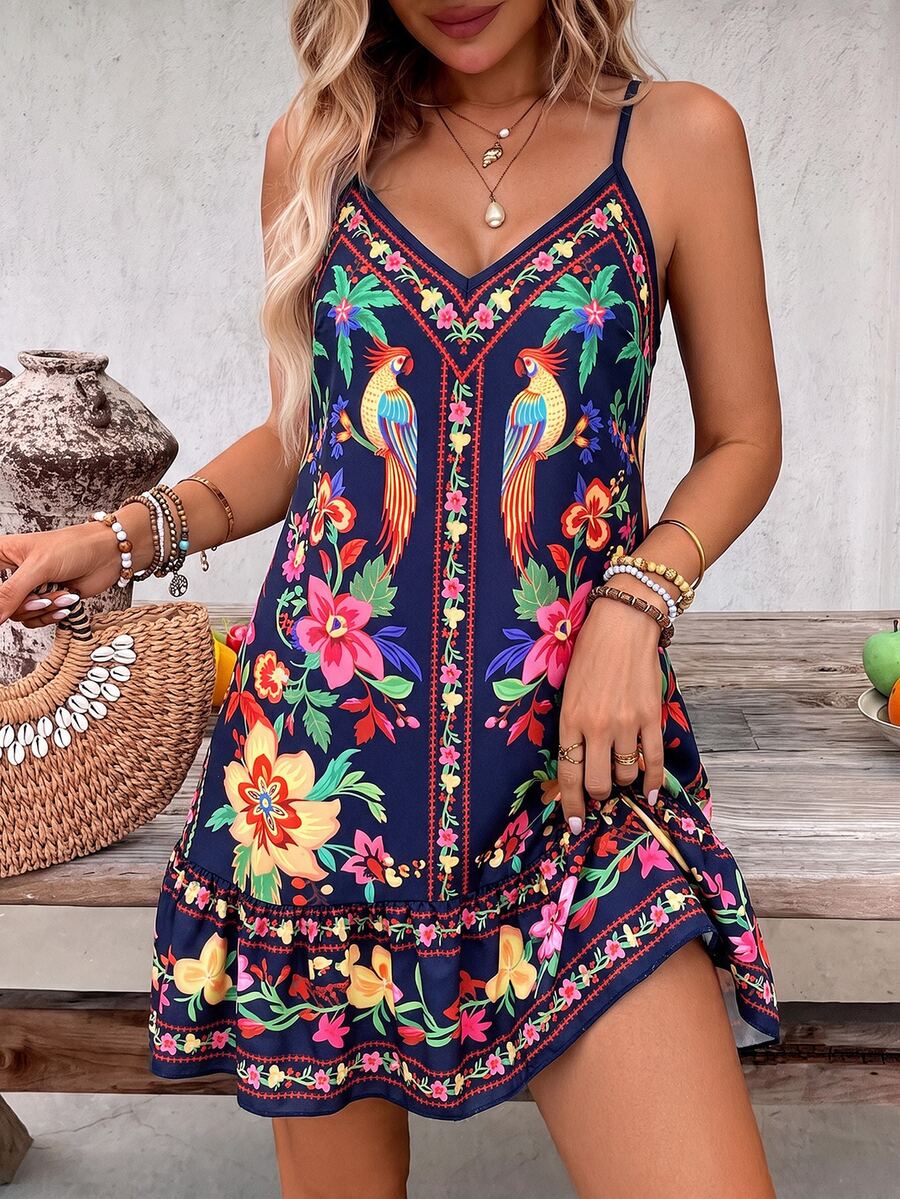 SHEIN Swim 女款可調肩帶波希米亞風粉色花卉印花拼接不對稱荷葉邊下擺沙灘罩衫洋裝,夏季度假休閒細肩帶套裝 - 藏蓝色 - 查看 1