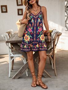 SHEIN Swim 女款可調肩帶波希米亞風粉色花卉印花拼接不對稱荷葉邊下擺沙灘罩衫洋裝，夏季度假休閒細肩帶套裝 - 藏蓝色 - 查看 5