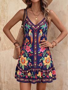 SHEIN Swim 女款可調肩帶波希米亞風粉色花卉印花拼接不對稱荷葉邊下擺沙灘罩衫洋裝，夏季度假休閒細肩帶套裝 - 藏蓝色 - 查看 3