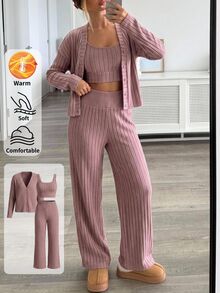SHEIN BASICS Women's Cozy Light Pink Ribbed Knit Loungewear Set Long Sleeve Cardigan Cropped Cami Palazzo Pants Fall/Winter Warmth Lounge Everyday Casual - Coral Orange - View 1