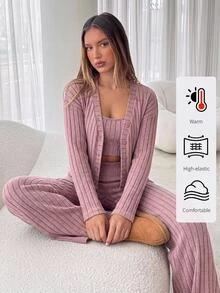 SHEIN BASICS Women's Cozy Light Pink Ribbed Knit Loungewear Set Long Sleeve Cardigan Cropped Cami Palazzo Pants Fall/Winter Warmth Lounge Everyday Casual - Coral Orange - View 2