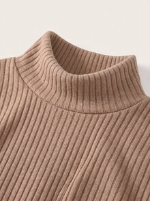 SHEIN BASICS 女款素色高領長袖羅紋休閒極簡基本款T恤，日常居家服，灰粉色，秋冬保暖，適合辦公室與早午餐 - 黑色 - 查看 10