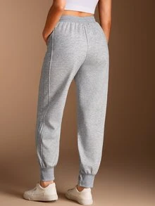 SHEIN BASICS 女款純色抽繩腰休閒日常慢跑跑步輕灰色運動長褲 秋冬款 - 灰色 - 查看 5