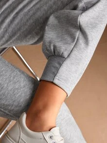 SHEIN BASICS 女款純色抽繩腰休閒日常慢跑跑步輕灰色運動長褲 秋冬款 - 灰色 - 查看 6