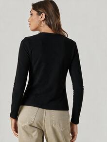 SHEIN BASICS 女款純色圓領長袖休閒簡約百搭萬能T恤 日常穿著 黑色 秋季 - 白色 - 查看 7