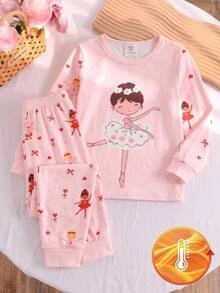 Young Girl Cute Ballerina Heart Print 2 Pieces Pajama Set (Long Sleeve Crew Neck Top + Long Pants), Fitted Autumn Loungewear, Random 4 Sets Send 1 Set - Pink - View 4