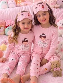 Young Girl Cute Ballerina Heart Print 2 Pieces Pajama Set (Long Sleeve Crew Neck Top + Long Pants), Fitted Autumn Loungewear, Random 4 Sets Send 1 Set - Pink - View 3