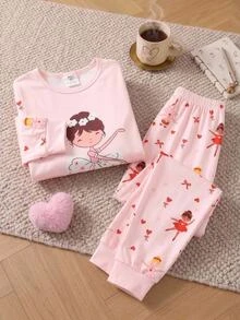 Young Girl Cute Ballerina Heart Print 2 Pieces Pajama Set (Long Sleeve Crew Neck Top + Long Pants), Fitted Autumn Loungewear, Random 4 Sets Send 1 Set - Pink - View 2