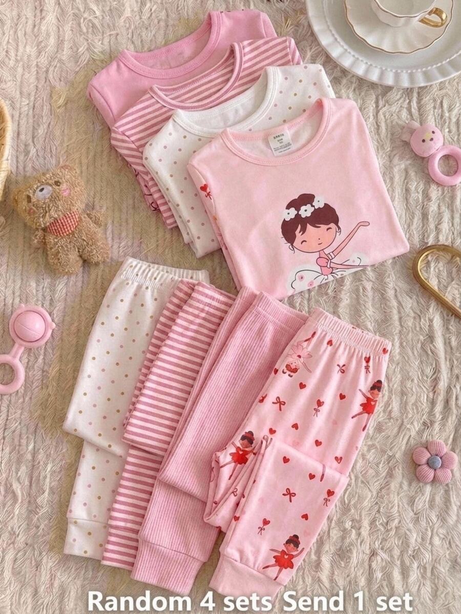 Young Girl Cute Ballerina Heart Print 2 Pieces Pajama Set (Long Sleeve Crew Neck Top + Long Pants), Fitted Autumn Loungewear, Random 4 Sets Send 1 Set - Pink - View 1
