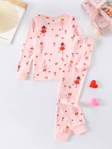 Young Girl Cute Ballerina Heart Print 2 Pieces Pajama Set (Long Sleeve Crew Neck Top + Long Pants), Fitted Autumn Loungewear, Random 4 Sets Send 1 Set - Pink - View 6