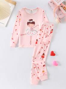 Young Girl Cute Ballerina Heart Print 2 Pieces Pajama Set (Long Sleeve Crew Neck Top + Long Pants), Fitted Autumn Loungewear, Random 4 Sets Send 1 Set - Pink - View 7
