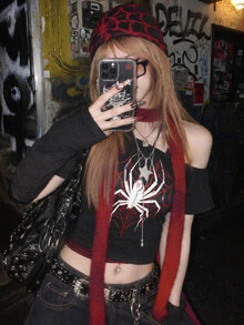 Attitoon Casual Minimalist Contrast Color Red Spider Graphic Print Women's 2 In 1 T-Shirt, Suitable For Spring/Summer Music Festivals - Multicolor - View 7