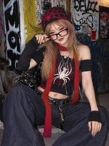 Attitoon Casual Minimalist Contrast Color Red Spider Graphic Print Women's 2 In 1 T-Shirt, Suitable For Spring/Summer Music Festivals - Multicolor - View 6