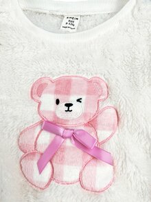SHEIN 女嬰可愛卡通小熊圖案毛絨睡衣套裝，附格紋秋季長褲居家服 - 白色 - 查看 3