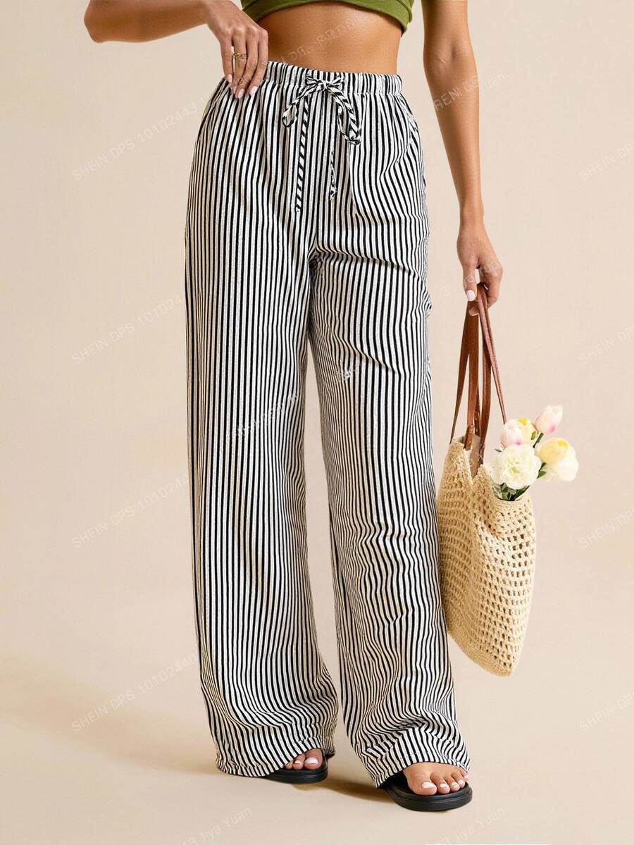 SHEIN Tall Striped & Printed Casual Daily Wear Women Spring/Summer Long Pants, Tall Women - Black - View 1