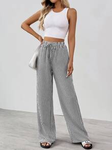 SHEIN Tall Striped & Printed Casual Daily Wear Women Spring/Summer Long Pants, Tall Women - Black - View 6