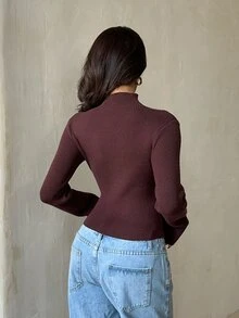 Hansera كنزة نسائية بأكمام طويلة وياقة نصف عالية مضلعة بطراز عتيق - قهوة بني - مشاهدة 6