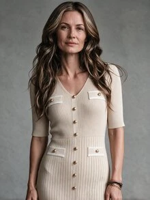 Hansera Women's V-Neck Short Sleeve Button Design Slim Fit Elegant Knit Dress - White - View 1