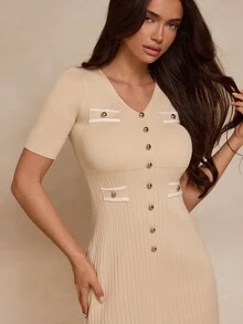 Hansera Women's V-Neck Short Sleeve Button Design Slim Fit Elegant Knit Dress - White - View 16