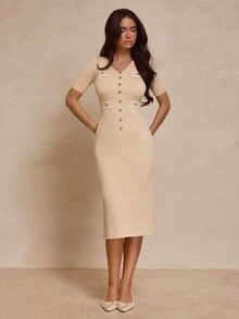 Hansera Women's V-Neck Short Sleeve Button Design Slim Fit Elegant Knit Dress - White - View 15