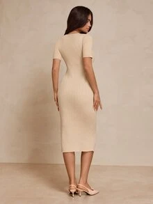 Hansera Women's V-Neck Short Sleeve Button Design Slim Fit Elegant Knit Dress - White - View 12