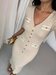 Hansera Women's V-Neck Short Sleeve Button Design Slim Fit Elegant Knit Dress - White - View 5