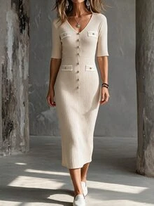 Hansera Women's V-Neck Short Sleeve Button Design Slim Fit Elegant Knit Dress - White - View 4