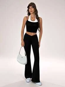 SHEIN Tall 2024 New Summer Simple Solid Color Wrap High Waist Flared Pants, Tall Women - Black - View 7