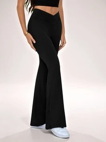 SHEIN Tall 2024 New Summer Simple Solid Color Wrap High Waist Flared Pants, Tall Women - Black - View 4