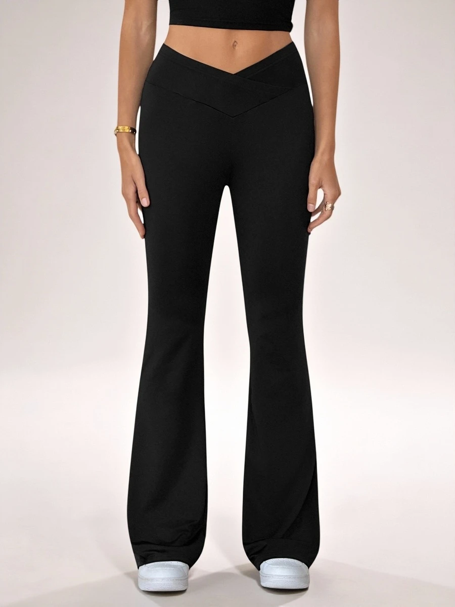 SHEIN Tall 2024 New Summer Simple Solid Color Wrap High Waist Flared Pants, Tall Women - Black - View 1