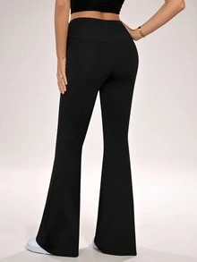 SHEIN Tall 2024 New Summer Simple Solid Color Wrap High Waist Flared Pants, Tall Women - Black - View 2