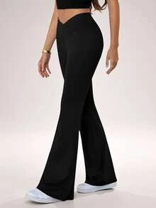 SHEIN Tall 2024 New Summer Simple Solid Color Wrap High Waist Flared Pants, Tall Women - Black - View 6