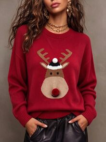 SHEIN Franclia Women's Christmas Reindeer Pattern Round Neck Long Sleeve Knitted Sweater, Casual Cute Loose Fit Pullover Top For Fall Everyday Day Time Holiday Red - Burgundy - View 3