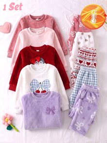 Girls Sweet Cute Style Light Purple Children's Home Wear Soft Double-Sided Flannel Thickened Thermal Lined Bow Print Top With All-Over Print Loose Pants 2 Pieces Set Warm Pajamas For Autumn/Winter - Dusty Pink - View 3
