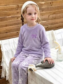 Girls Sweet Cute Style Light Purple Children's Home Wear Soft Double-Sided Flannel Thickened Thermal Lined Bow Print Top With All-Over Print Loose Pants 2 Pieces Set Warm Pajamas For Autumn/Winter - Dusty Pink - View 6