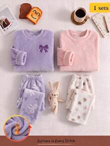 Girls Sweet Cute Style Light Purple Children's Home Wear Soft Double-Sided Flannel Thickened Thermal Lined Bow Print Top With All-Over Print Loose Pants 2 Pieces Set Warm Pajamas For Autumn/Winter - Dusty Pink - View 1