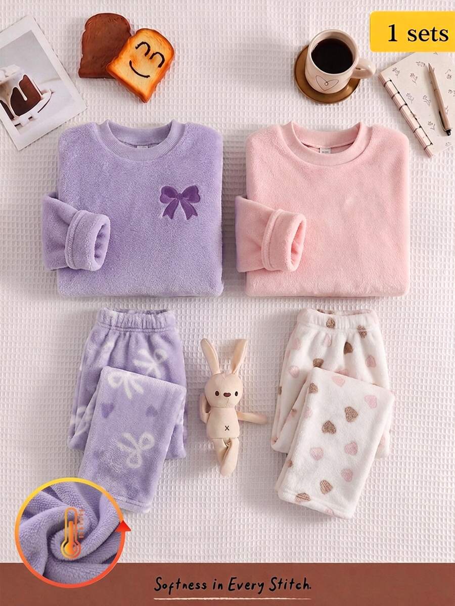 Girls Sweet Cute Style Light Purple Children's Home Wear Soft Double-Sided Flannel Thickened Thermal Lined Bow Print Top With All-Over Print Loose Pants 2 Pieces Set Warm Pajamas For Autumn/Winter - Dusty Pink - View 1