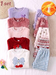 Girls Sweet Cute Style Light Purple Children's Home Wear Soft Double-Sided Flannel Thickened Thermal Lined Bow Print Top With All-Over Print Loose Pants 2 Pieces Set Warm Pajamas For Autumn/Winter - Dusty Pink - View 8
