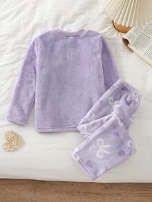 Girls Sweet Cute Style Light Purple Children's Home Wear Soft Double-Sided Flannel Thickened Thermal Lined Bow Print Top With All-Over Print Loose Pants 2 Pieces Set Warm Pajamas For Autumn/Winter - Dusty Pink - View 2