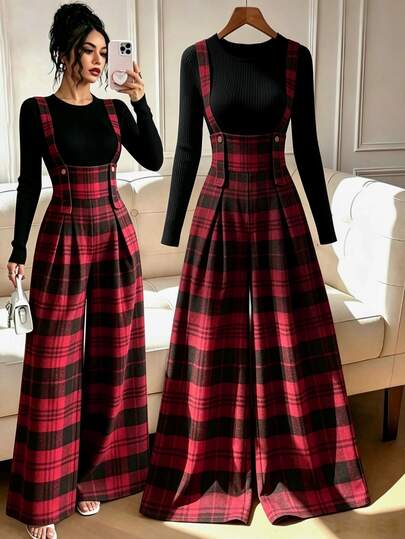 GlowEve Conjunto de 2 piezas para mujer: Camiseta de capa base de manga larga con cuello redondo de unicolor & Pantalones de peto con estampado a cuadros, Casual Elegante para uso diario, vacaciones, viajes, desplazamientos y oficina, Nuevo para otoño, invierno y primavera