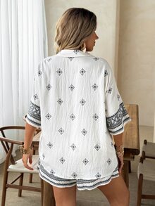 Ceyna Fashionable Versatile Vacation Style Single-Breasted Printed Short Sleeve Shirt Wide Leg Shorts Set, Lightweight Loose Casual Summer Outfit Gym Brown - White - View 2