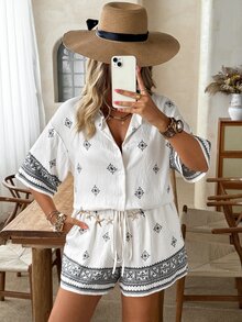 Ceyna Fashionable Versatile Vacation Style Single-Breasted Printed Short Sleeve Shirt Wide Leg Shorts Set, Lightweight Loose Casual Summer Outfit Gym Brown - White - View 7