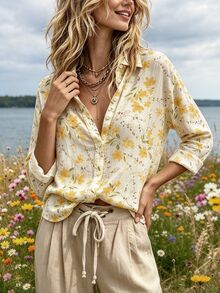 Selamara New Women's Slouchy Casual Loose Slimming Print Long Sleeve Shirt - Yellow - View 3
