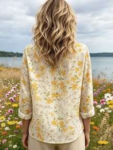 Selamara New Women's Slouchy Casual Loose Slimming Print Long Sleeve Shirt - Yellow - View 2