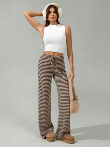 SHEIN Tall 女款新款棕色條紋低腰長褲，秋冬季，適合高個女性 - 彩色 - 查看 8