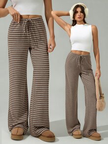 SHEIN Tall 女款新款棕色條紋低腰長褲，秋冬季，適合高個女性 - 彩色 - 查看 5