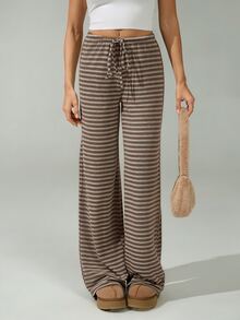 SHEIN Tall 女款新款棕色條紋低腰長褲，秋冬季，適合高個女性 - 彩色 - 查看 6